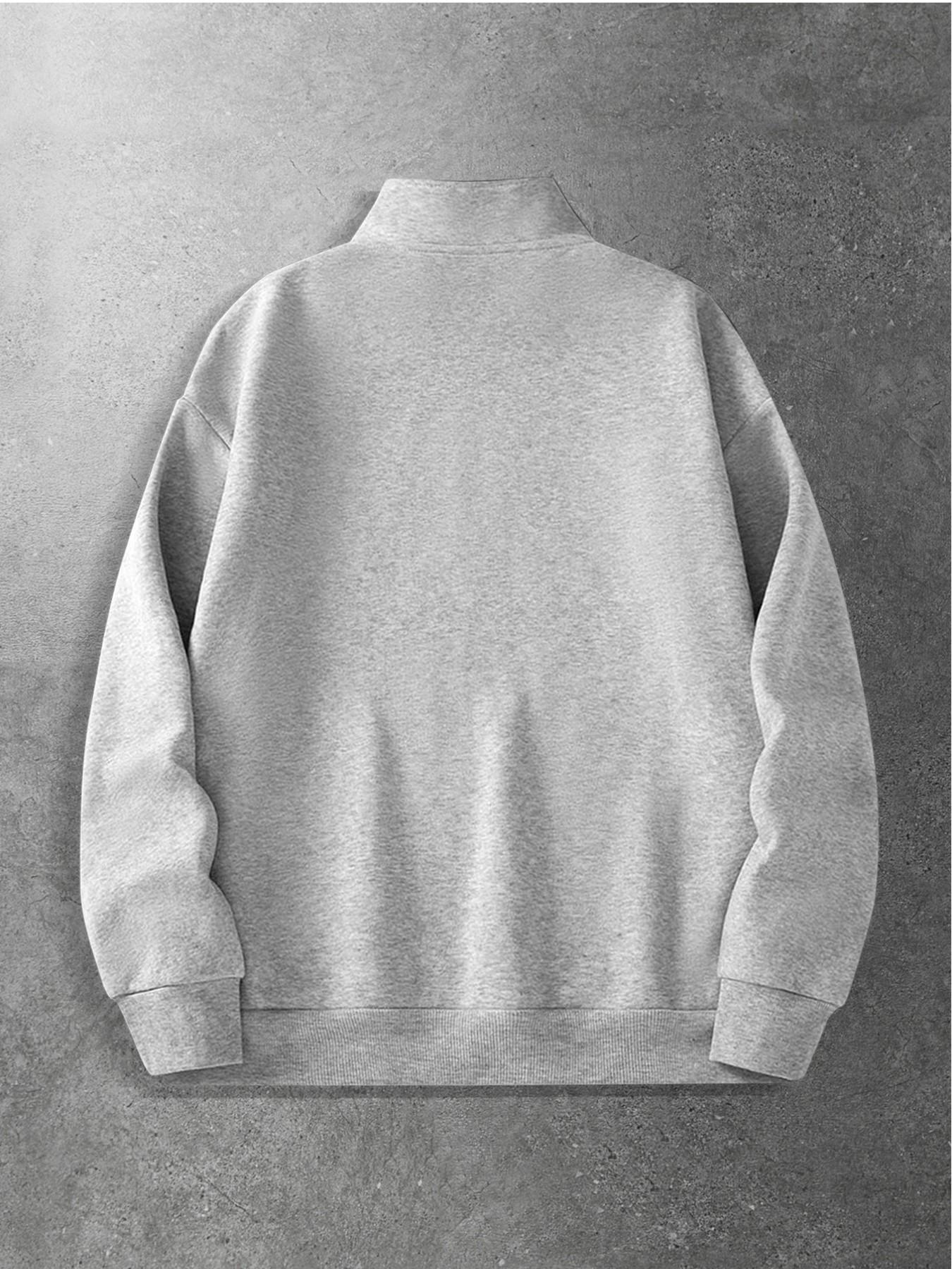 Men's Light Gray Minimalist Half-Zip Sweatshirt, Casual Fashion Sweatshirt, Soft Stretch Quarter-Zip Pullover with Chest Print, Wrinkle-Resistant Breathable Stand Collar Top in Loose Fit, Ideal for Daily Commutes, Office Casual Wear