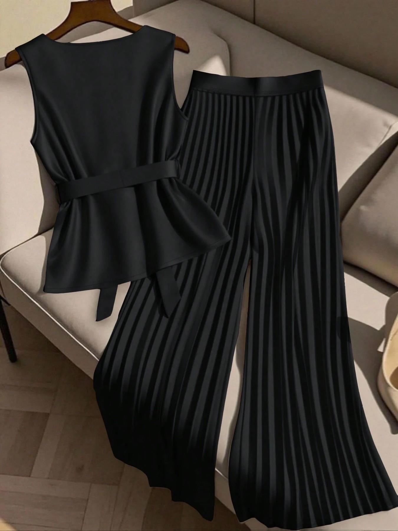 Women's Plus Size Trendy Chic Fashion 2 Piece Outfit, Sleeveless Top & Pleated Wide Leg Pants Set, Tie Waist V-Neck Plisse Flowy Elegant Office Workwear