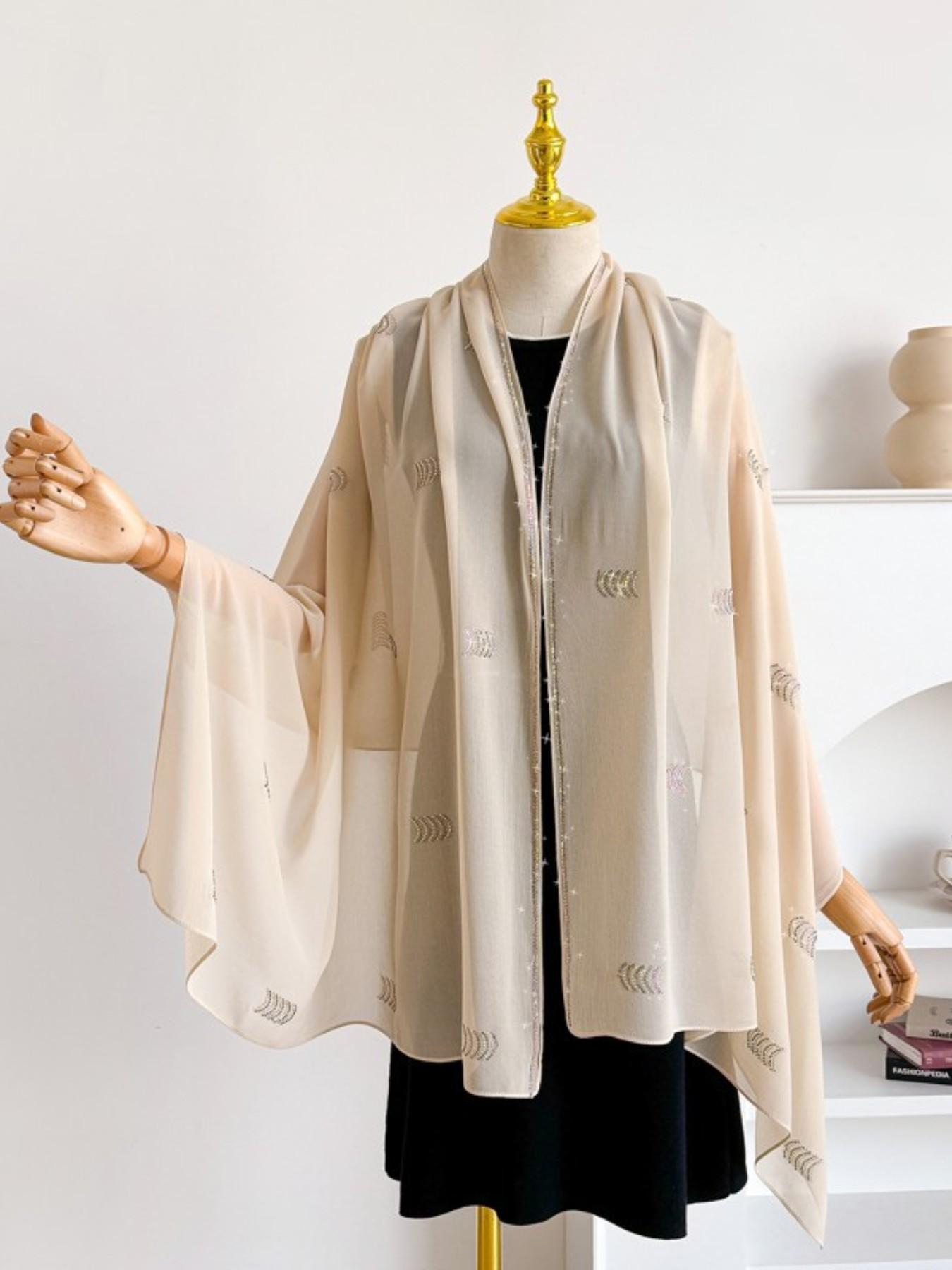 Single Piece Multi-Functional Plain Color New Arcuate Rhinestone Chiffon Long Scarf, Pearl Embellished Sun Protection Shawl, Ethnic Headscarf