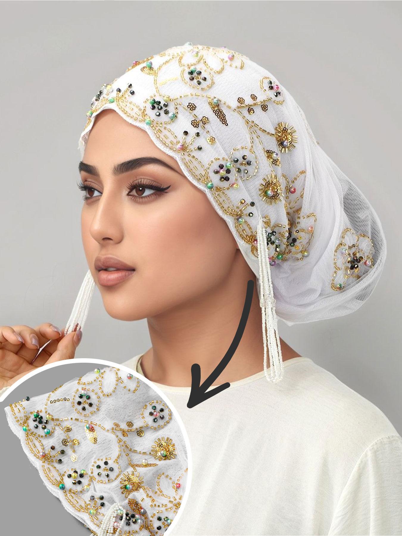 Women's Geometric Print Lace Beaded Headscarf Hat, Bohemian Satin Lined Hijab, Adjustable Ankara Chemotherapy Cap, Jersey Hijabs for Various Occasions