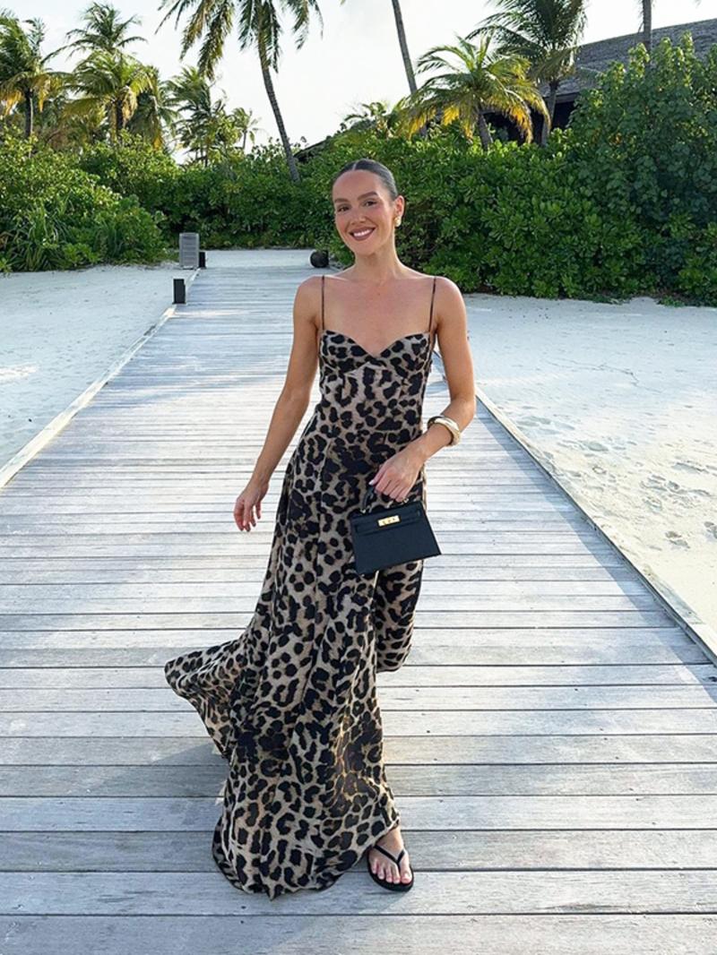 Women's Leopard Print Cami Dress, Fashion Casual Sleeveless Maxi Dress for Beach Holiday Vacation, Ladies Clothes for Summer