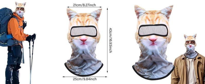 BIGWIG 3D Cat Ski Mask with Ears, All-Season Animal Head Outdoor Sports UV Protection Face Mask, Digitally Printed Mask, Cool Cat Face Cover, Suitable for Skiing, Music Festivals, Cycling, and Halloween