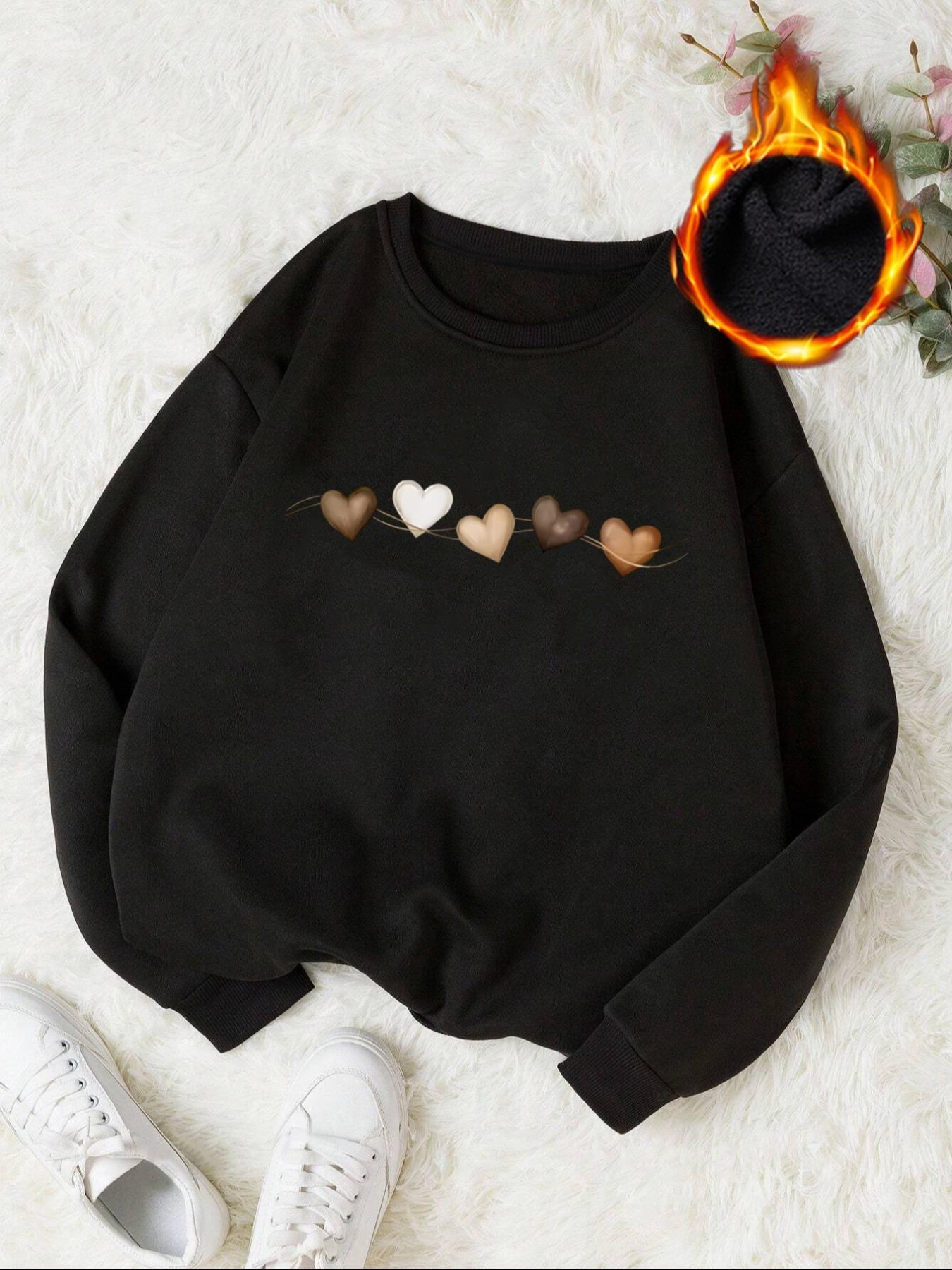 Women's Heart Pattern Print Casual Long Sleeve Hoodie, Round Neck Sporty Sweatshirt, Pullover, Fall & Winter Fitted Design, Versatile Fashion