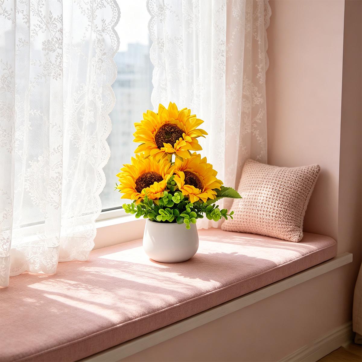 1pc Artificial Sunflower Arrangement in White Pot - Fake Yellow Sunflowers with Eucalyptus Greenery - No Maintenance Tabletop Decor for Home Office - Bright Floral Centerpiece, Housewarming Gift