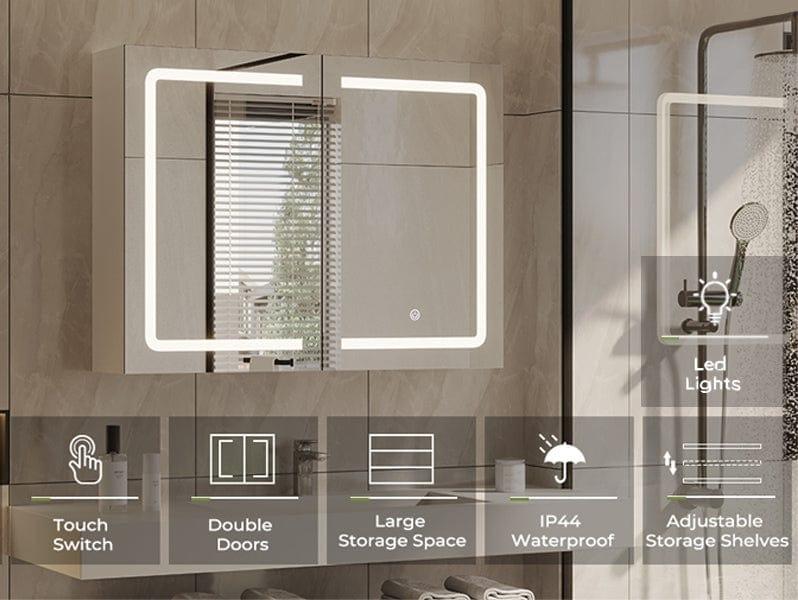 Sikaic Lighted Double Doors Medicine Cabinet with Touch Switch Mirrors and Storage Adjustable Shelves White Furniture Bathroom Vanity Home Led