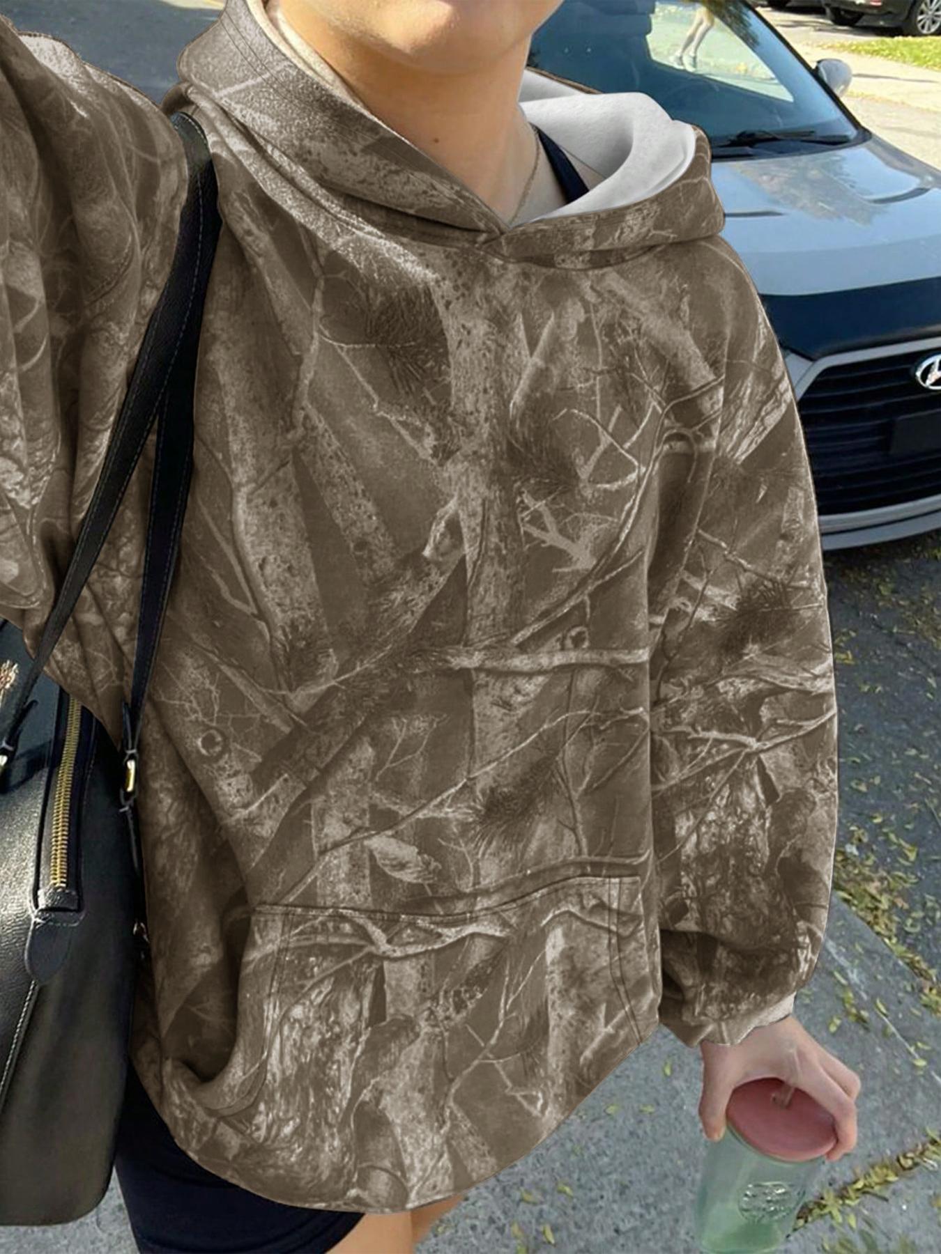 Unisex Hooded Sweatshirt, Casual Loose-Fit Branch Print Pullover, Fall & Winter Fashion, Comfortable Kint Fabric, One Piece