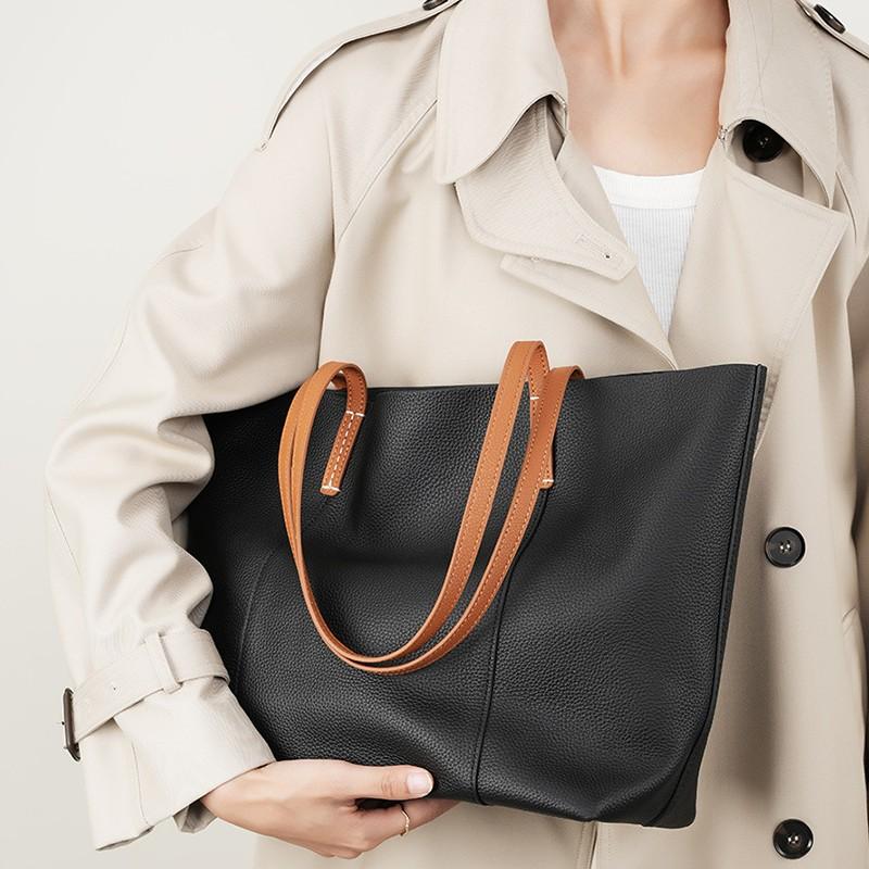 1pc Cowhide Leather Handmade Tote Bag, Spacious Commuter Handbag for Office Ladies, Stylish Daily Single Shoulder Bag with Inner Pouch.
