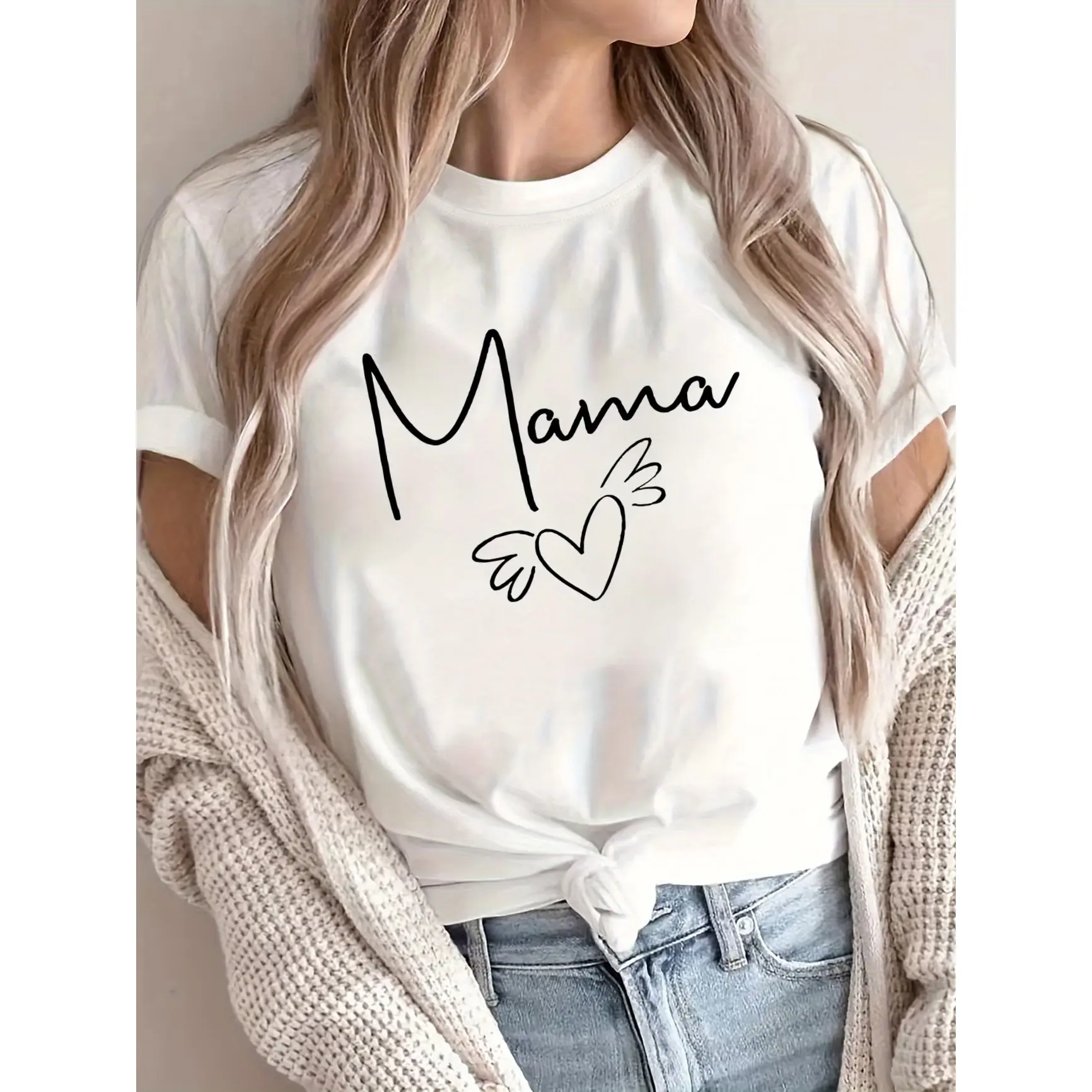 Mama Heart With Wings Graphic T‑Shirt,Cotton Oversized Comfort Cute Fashion Outfit,Best Mother’s Day Holiday Gift for Mom Her Family Friends,Ideal Valentine Day Present