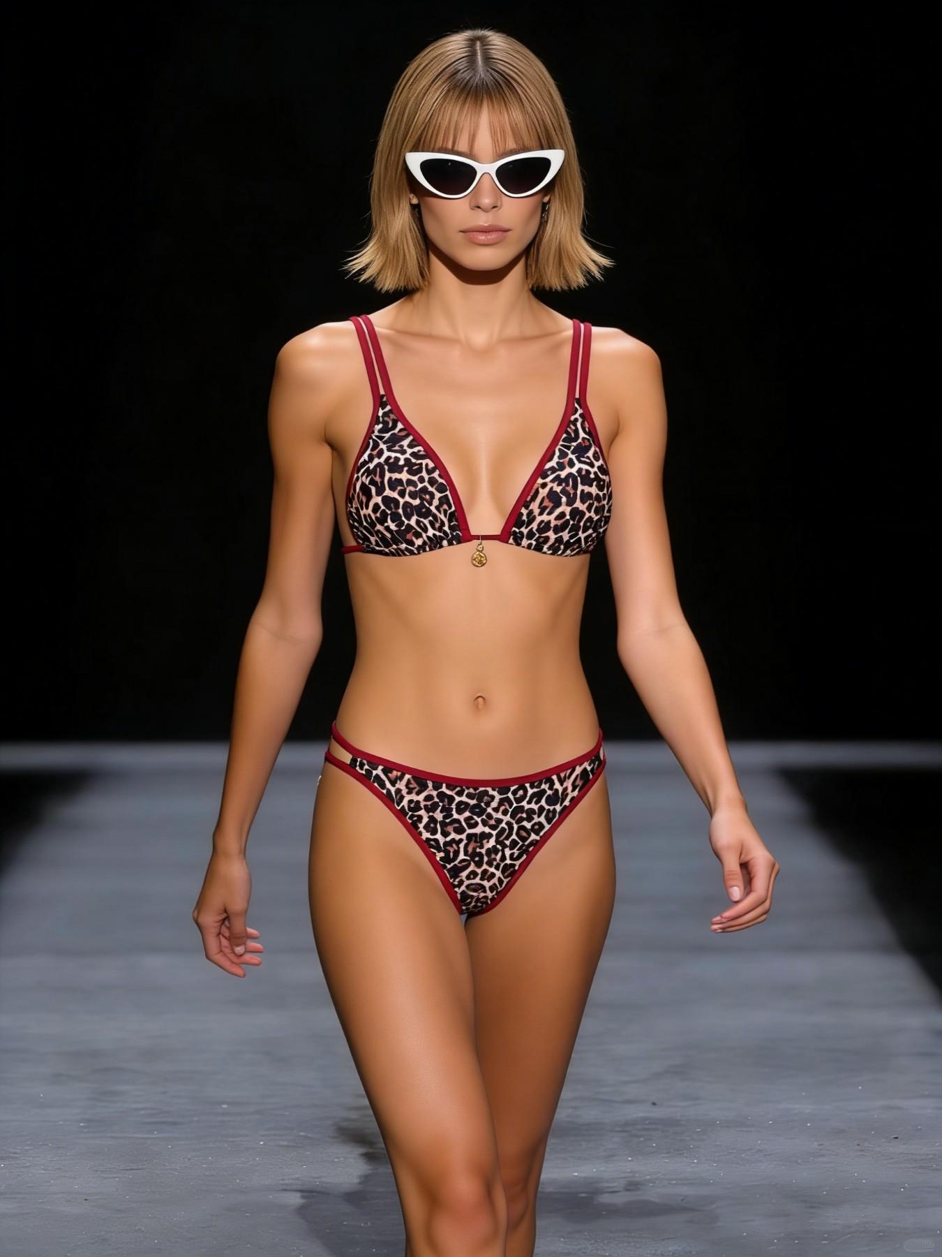 Leopard Print Bikini Set with Red Trim – Double Strap Design and Deep V Neckline, Fashionable Runway-Style Swimwear for Women