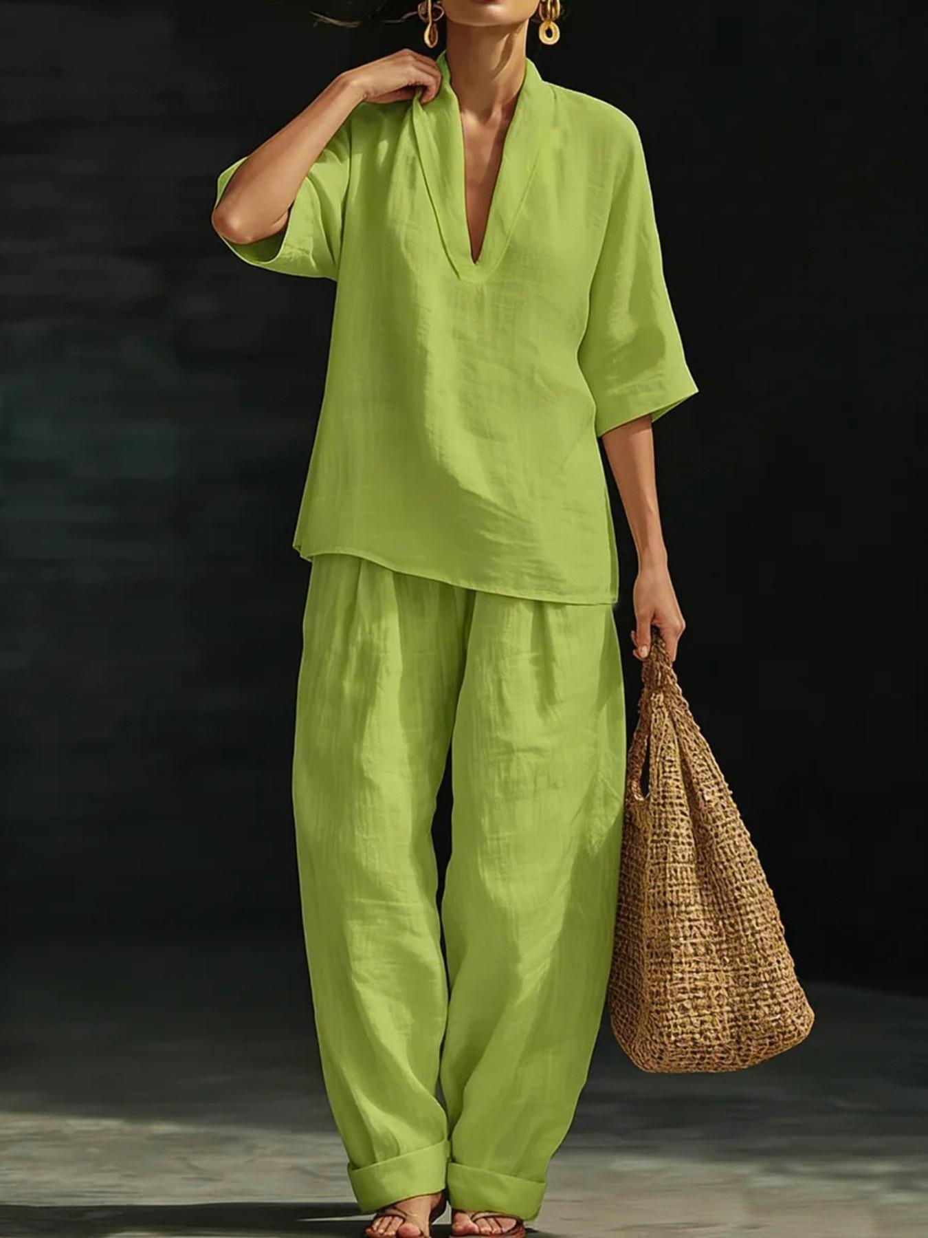 French Linen V-Neck Set for Women, Summer Loose Five-Finger Sleeve Wide Leg Pants, Lazy Style Vacation Casual Two-Piece Set Womenswear