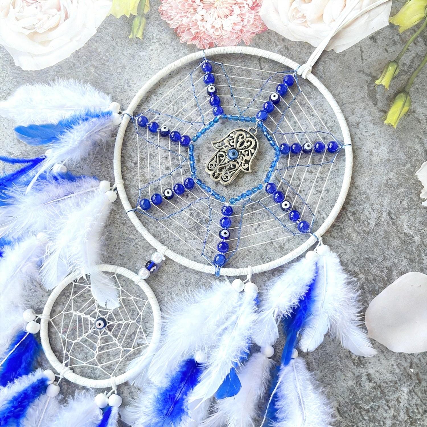 Turkish Style Blue Eye Feather Wind Chime, Demon Eye Dream Catcher, Middle East Bestseller, Unique Decorative Ornament