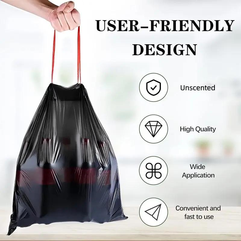Garbage bag, large size, drawstring, automatic closure, thickened, household kitchen waste, portable for bathroom, office, kitchen, and daily household use