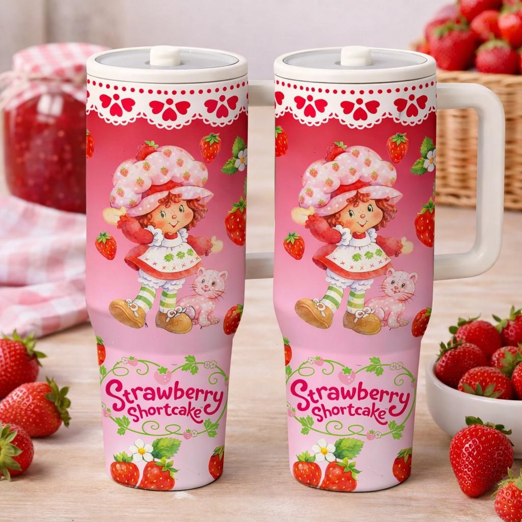 AuraCup 1pc 40oz Insulated Tumbler with Handle and Lid, Cute Strawberry Girl Cartoon Design Stainless Steel Travel Mug, Sweet Pink Berry Theme Coffee Water Cup, Double Wall Vacuum Tumbler for Hot Cold Drinks, Large Capacity Gift for Cute Aesthetic Lovers,