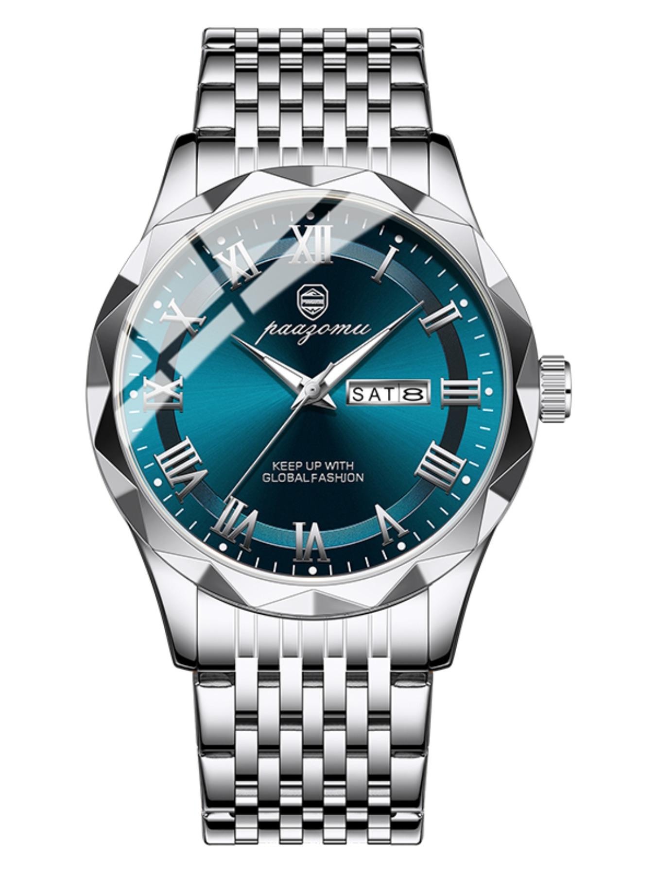 Paazomu Brand Steel Belt Dual Calendar Men's Quartz Watch 6367, Stylish Timepiece for Everyday Wear, Durable and Reliable Design