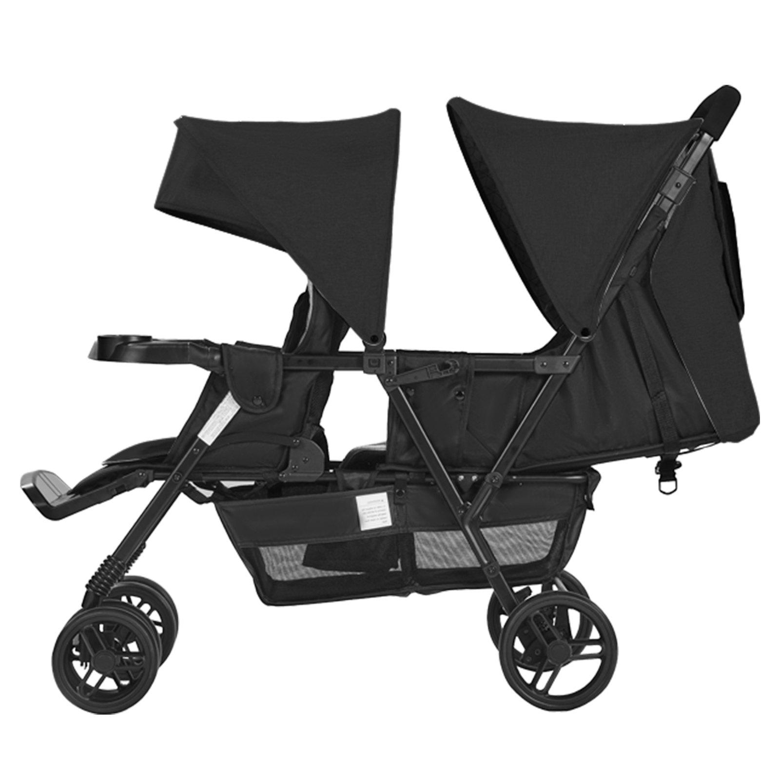 VEVOR Lightweight Foldable Tandem Double Stroller with Tandem Seating, Adjustable Backrest, Adjustable Footrest, Wrap Harness, Storage Tray, Storage Basket, Push Handle, for Newborns (Newborn Baby Stuff), Outdoor Walks (Black)