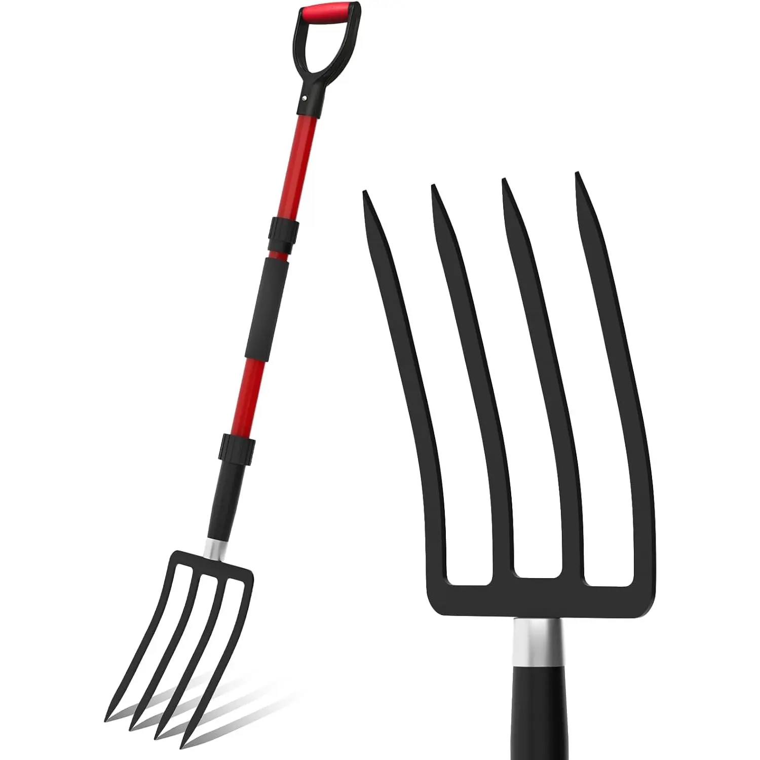 Pitch Fork Garden, 44-Inches Pitchfork with Fiberglass Handle, Gardening Spading Fork with 4 Metal Tines, Heavy Duty Pitchfork Manure, Mulch, Digging, Aeration, Red