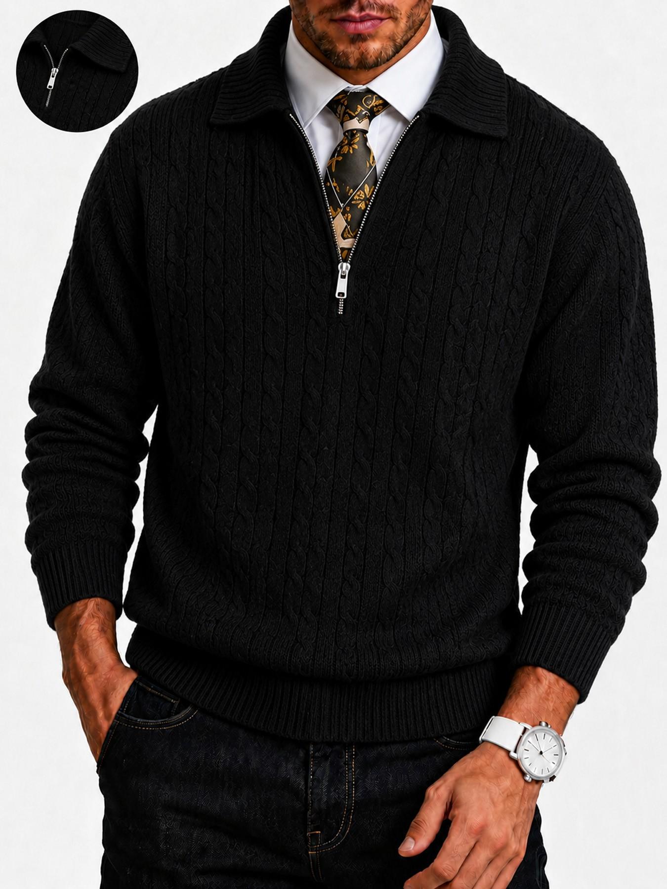 Men's Long Sleeve Cable Knit Polo Jumper, Knitwear, Lapel Collar Half Zip Placket, Thick Soft Warm Fabric, Casual Fall Winter Wear, Smart Office Commute