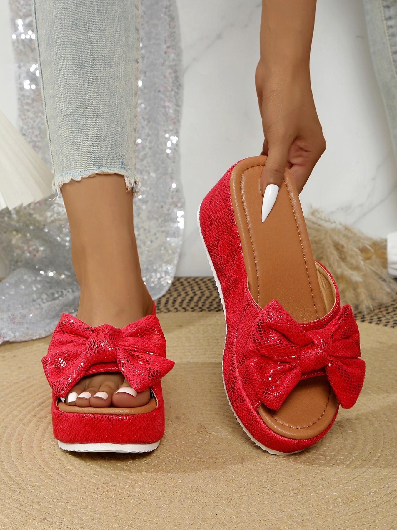 Women's Fashion //burgundy Bow Thick Sole Wedge Sandals, Summer Outdoor Y2K Style, Lightweight Comfortable Footwear