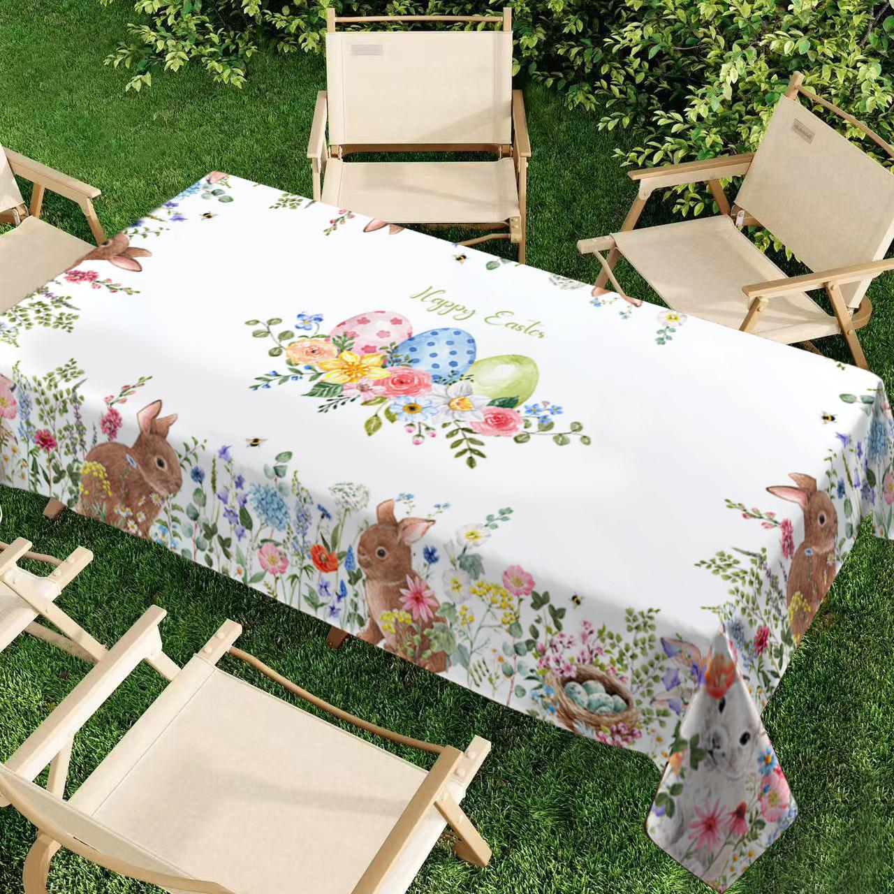 Rectangular Easter Tablecloth, Cartoon Rabbit & Egg Design, Spring/summer Floral Pattern, Perfect for Holiday/easter Decorations