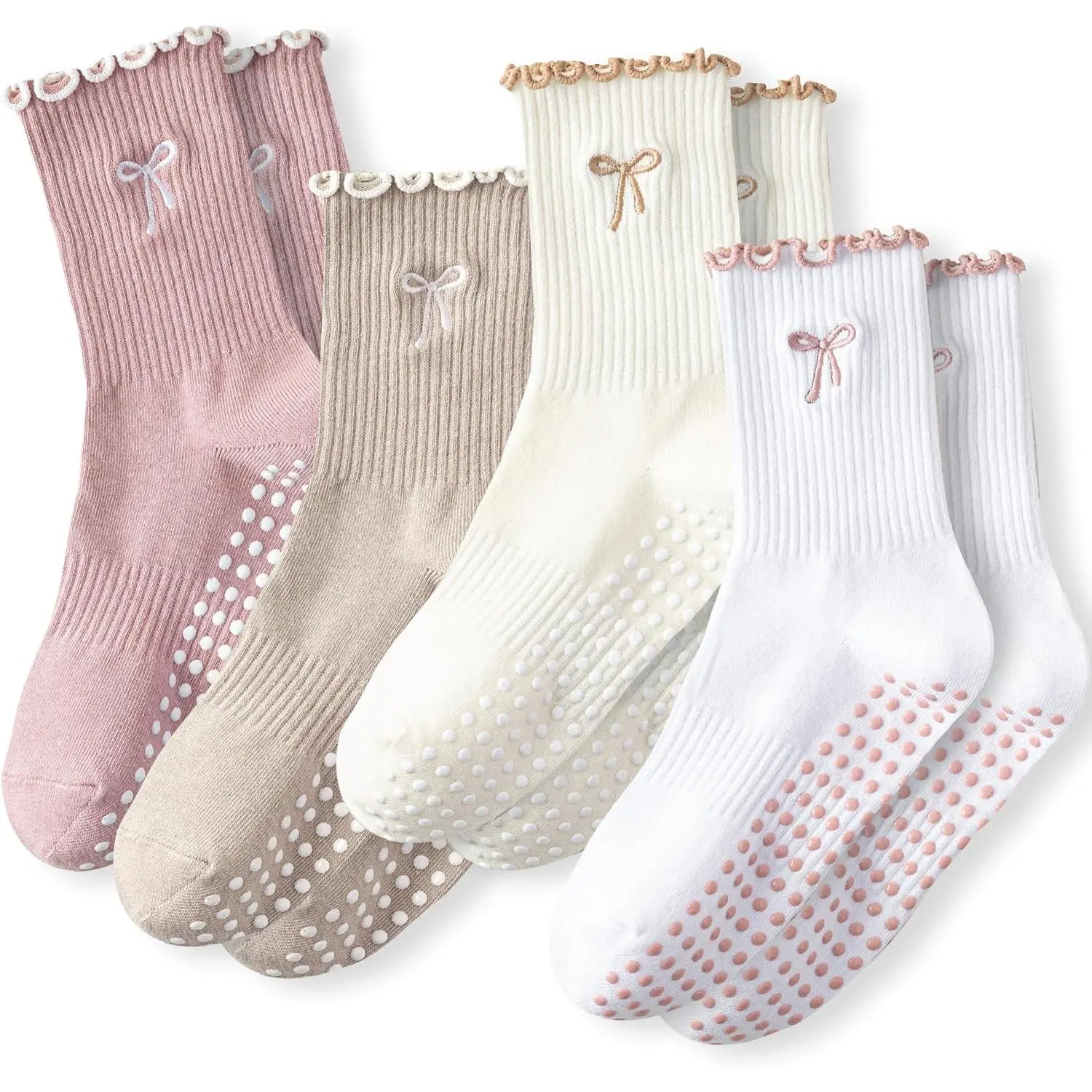 Women's Non-Slip Grip Socks with Ruffles for Pilates Yoga Barre Ballet Dance Workout, Cute Cotton Crew Slipper Socks for Hospital & Home, 4/6 Pairs, Fits US Shoe Size 5-10Gift