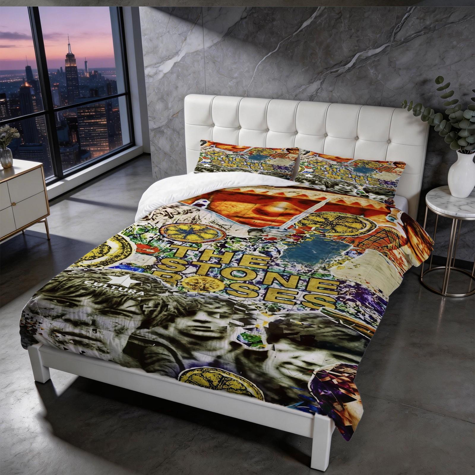 2/3 Piece The Stone Roses Comforter Set, 1 Comforter + 1/2 Pillowcases, Britpop Indie Rock Band Bedding, Retro Music Themed Bedroom Decor for Music Lovers, Ideal Fan Gift