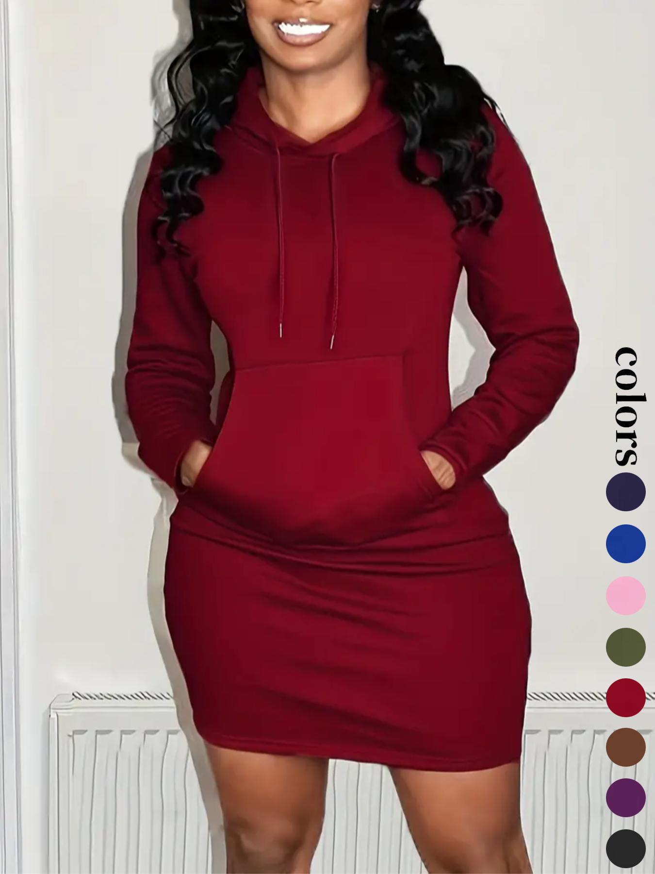 Women's Solid Drawstring Hooded Sweatshirt Dress, Casual Long Sleeve Pocket Dress for Fall & Winter, Ladies Clothes for Daily Wear, Womenswear, Fabric