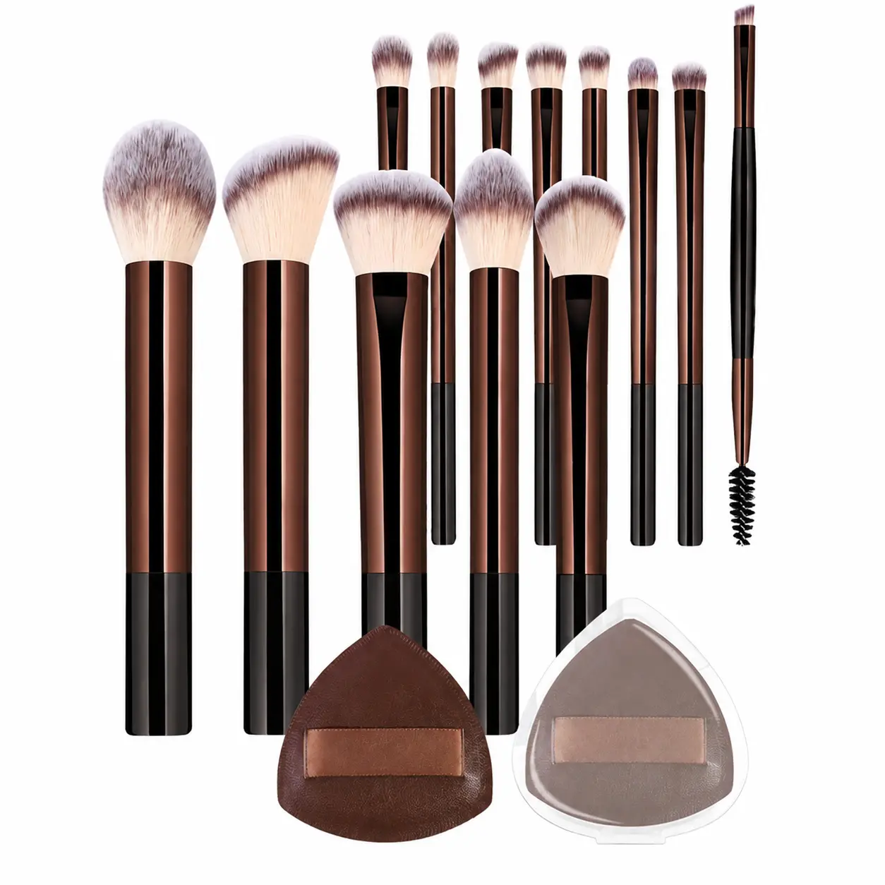 Premium 13-Piece Professional Makeup Brush Set in Sleek Brown Aluminum Tubes with Soft Synthetic Bristles, Includes Travel-Friendly Cloth Pouch, Two Precision Angled Beauty Sponges, and Elegant Gift-Ready Packaging