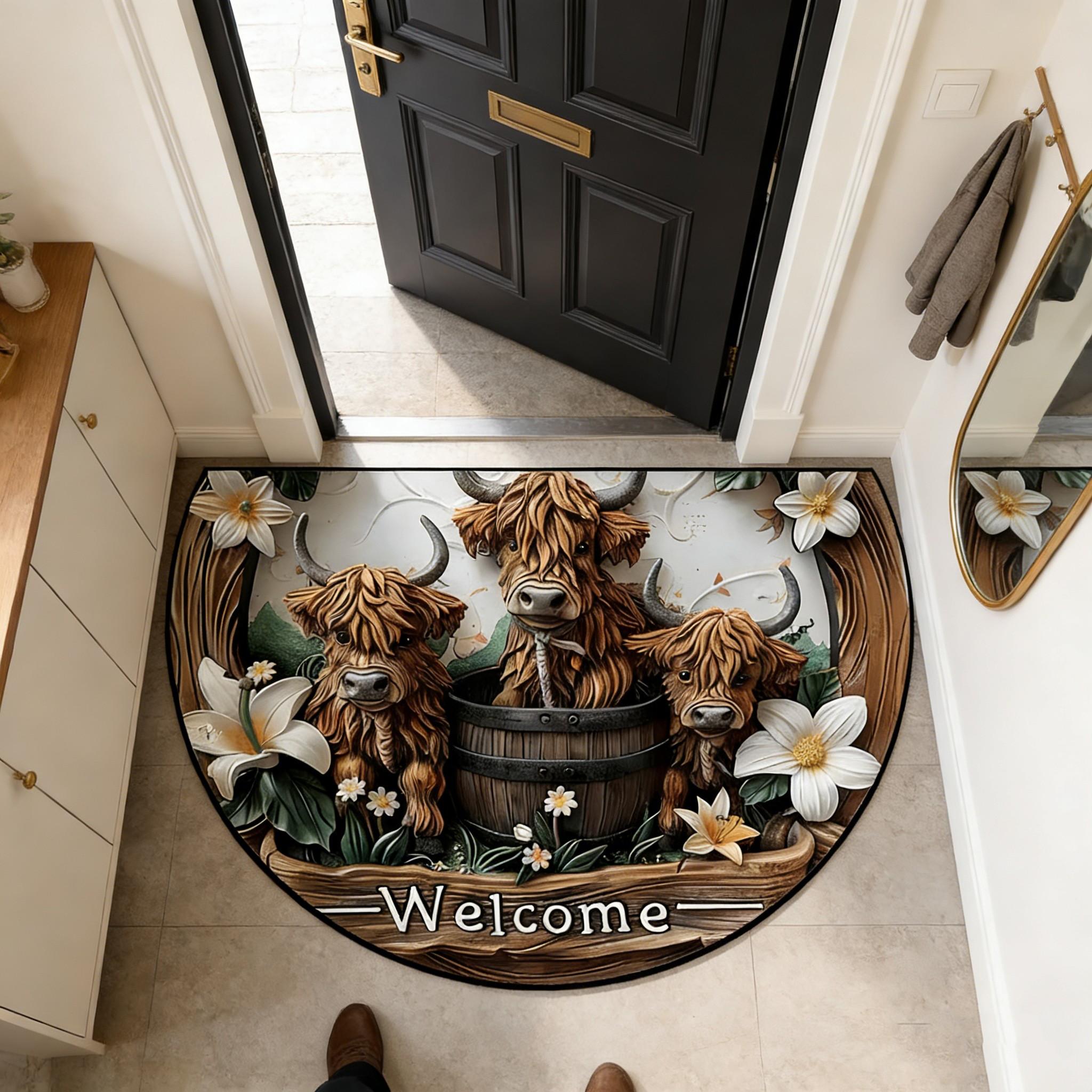 Half Round Welcome Door Mat, Vintage American Style Highland Cow Rug, Indoor Entrance Hall Carpet, Durable Fabric, Suitable for Living Room Bedroom