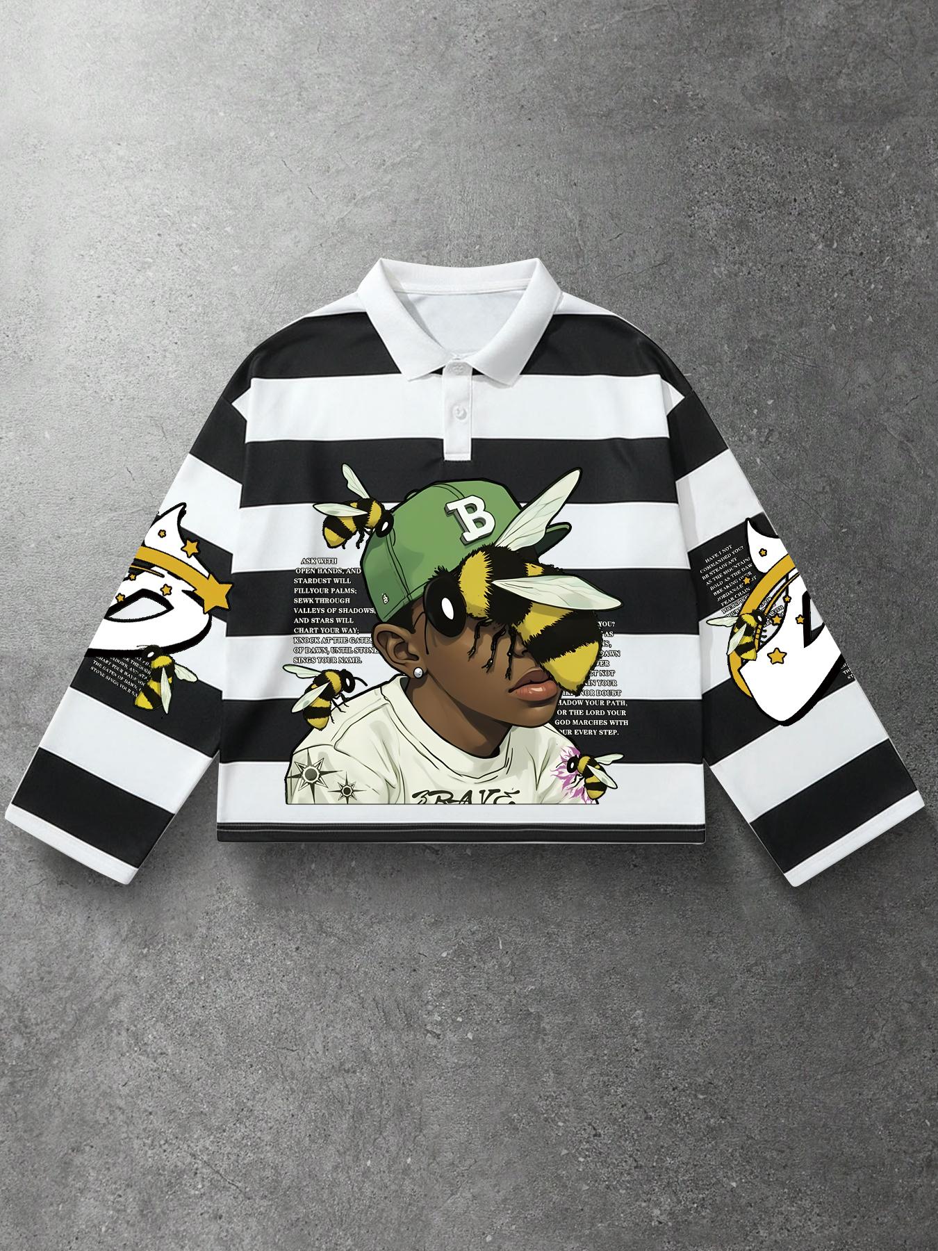 1 Piece Men's Long-Sleeve Polo Shirt, Streetwear Style with Black-White Stripe, Graphic Bee and Poetic Text Print for Casual Daily Wear and Outings
