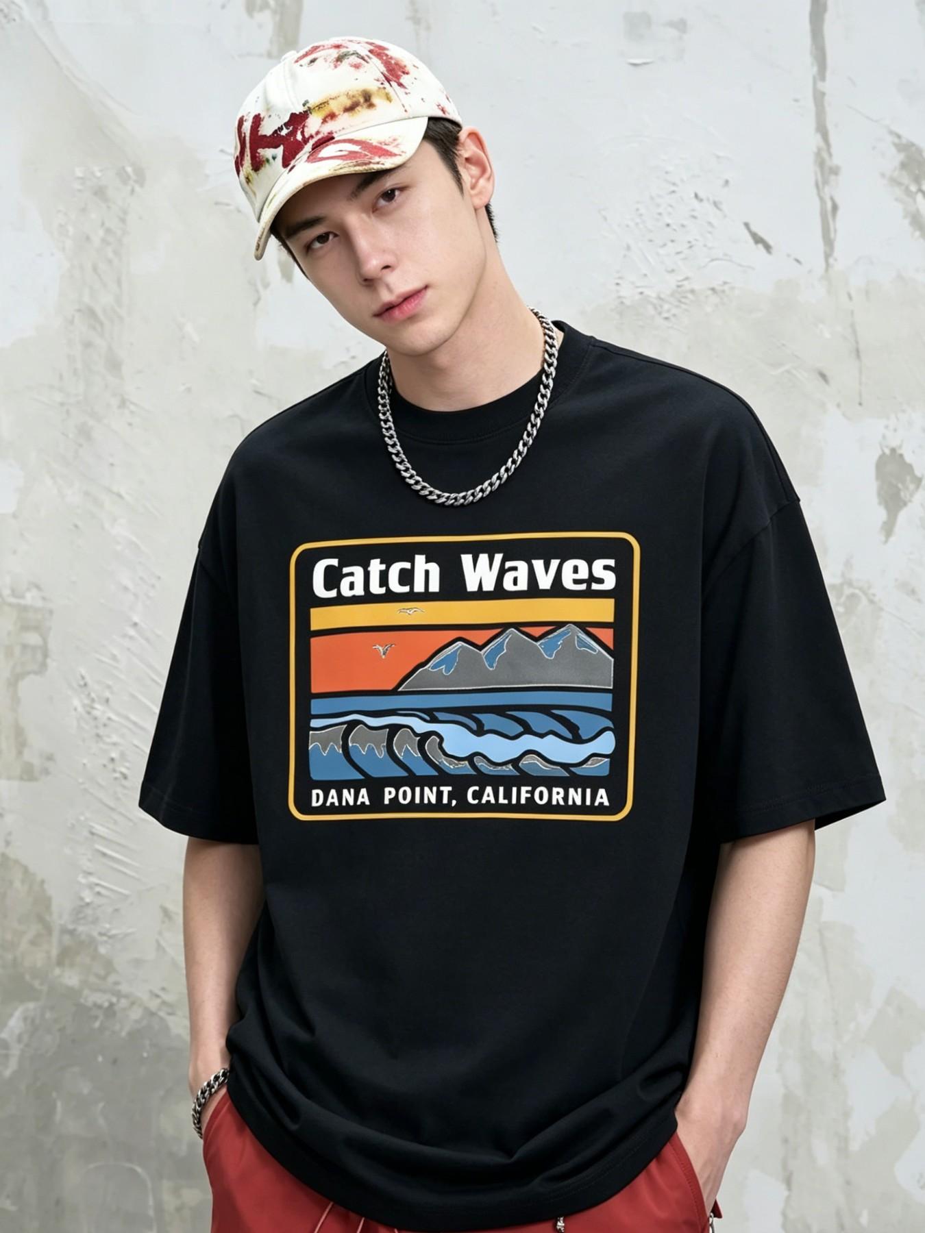 Men's Catch Waves Surfing Style Cotton T-Shirt, Loose Fit Short Sleeve Top, American Vintage Design, Long Clothing Length