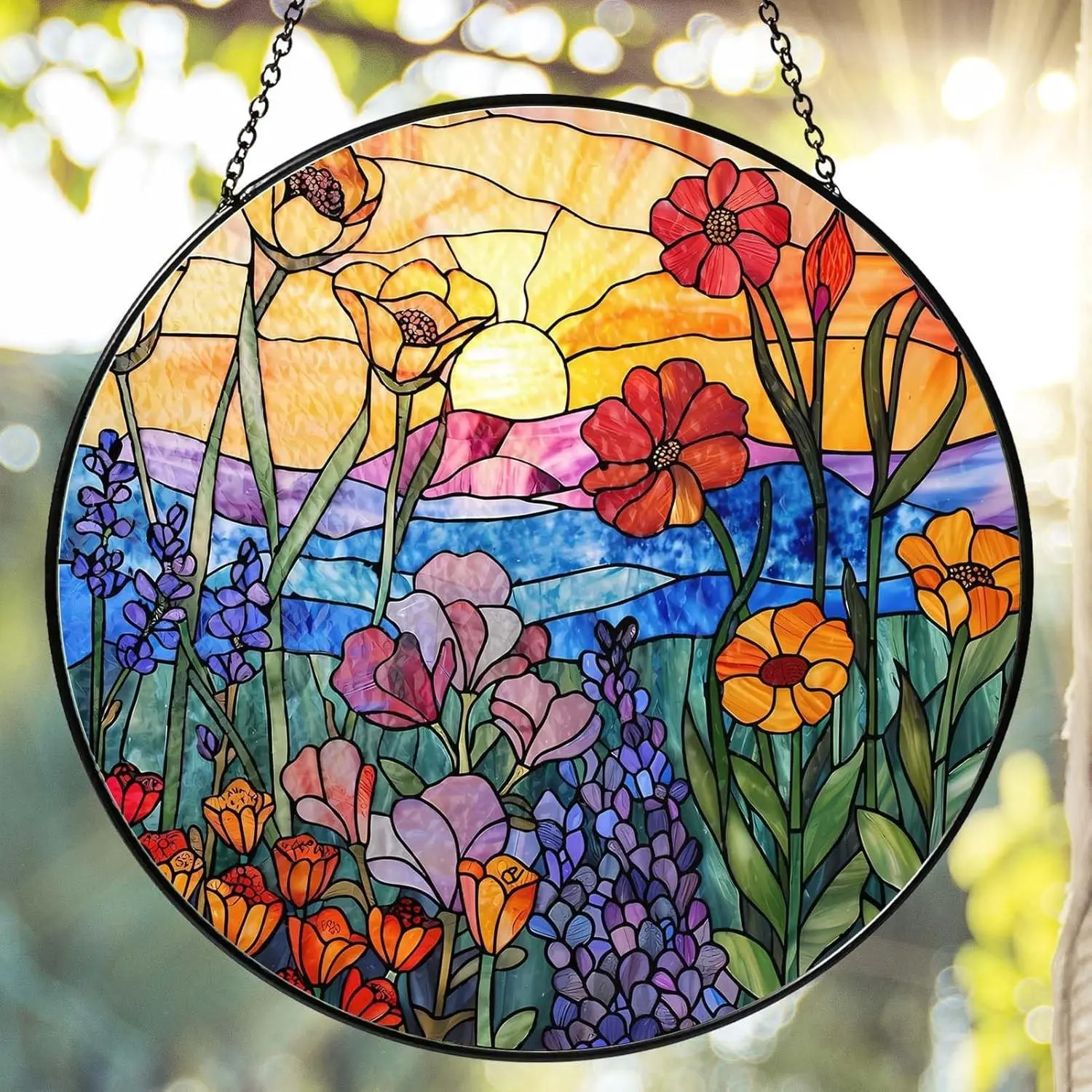 Wildflowers Stained Glass Suncatcher for Window, 7.8in Hanging Decor | Stained glass hanging window suncatcher, colorful sun catcher for indoor window decor and thoughtful gifts for women birthday