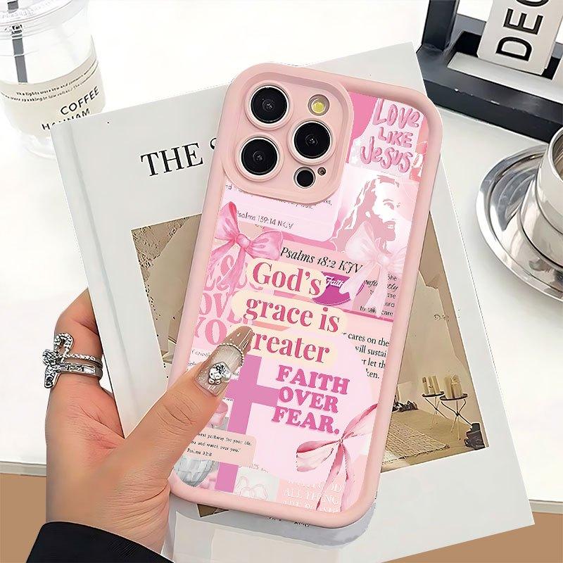 Protect Your Phone Soft Pink Phone Case with The Cross Of Jesus Pattern UV Printing for iPhone 17 Air 16 15 16e 14 13 12 11 Pro Max Plus X XS Lightweight and