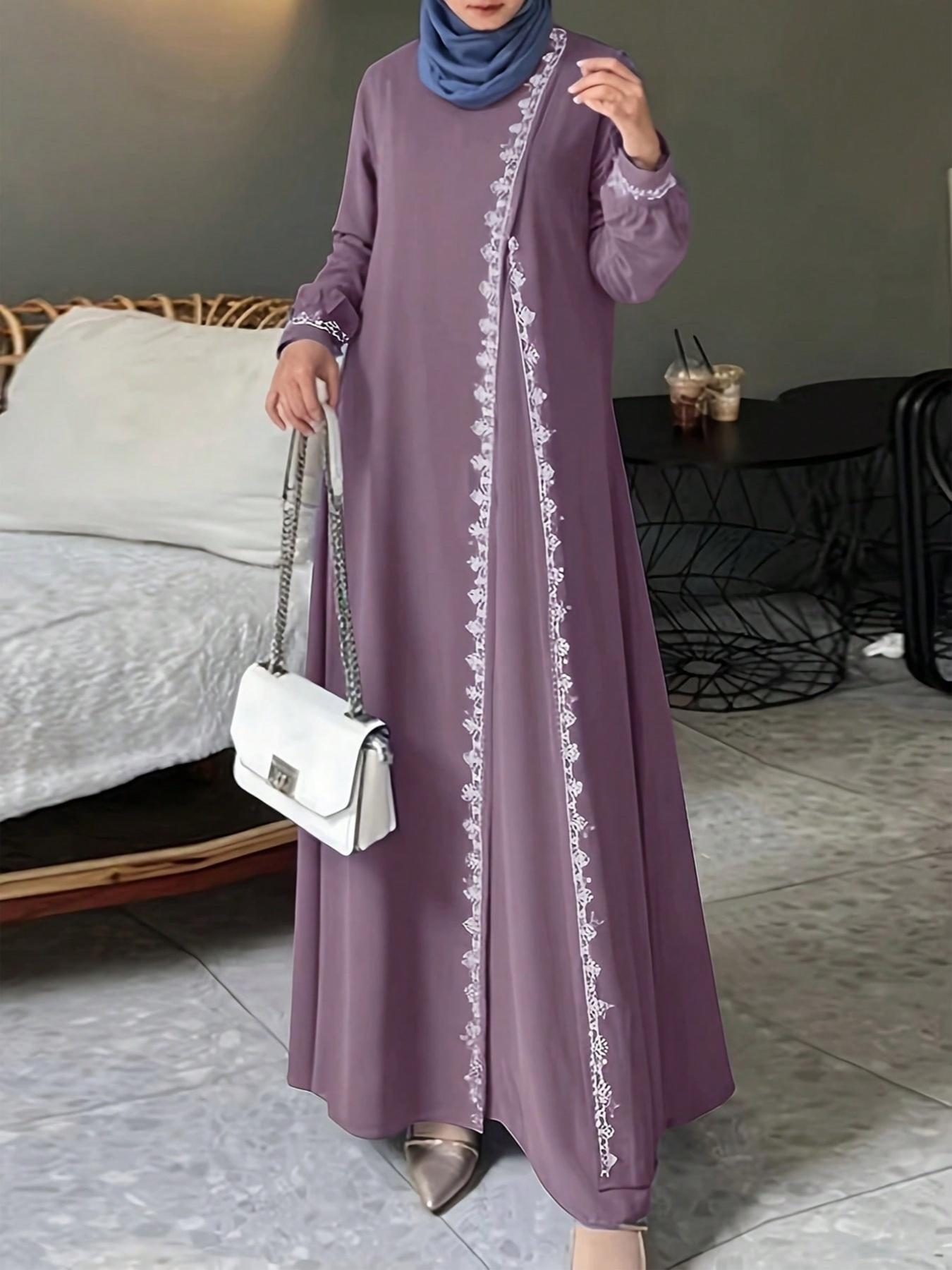 Women's Fashion Long Sleeve Round Neck Solid Color Modesty Casual Tunic Dress, Long Sleeve Dresses, Elegant Lace Trim Robe Style, Perfect for Daily Wear & Special Occasions, Muslim Women Gowns, Muslim Outfits