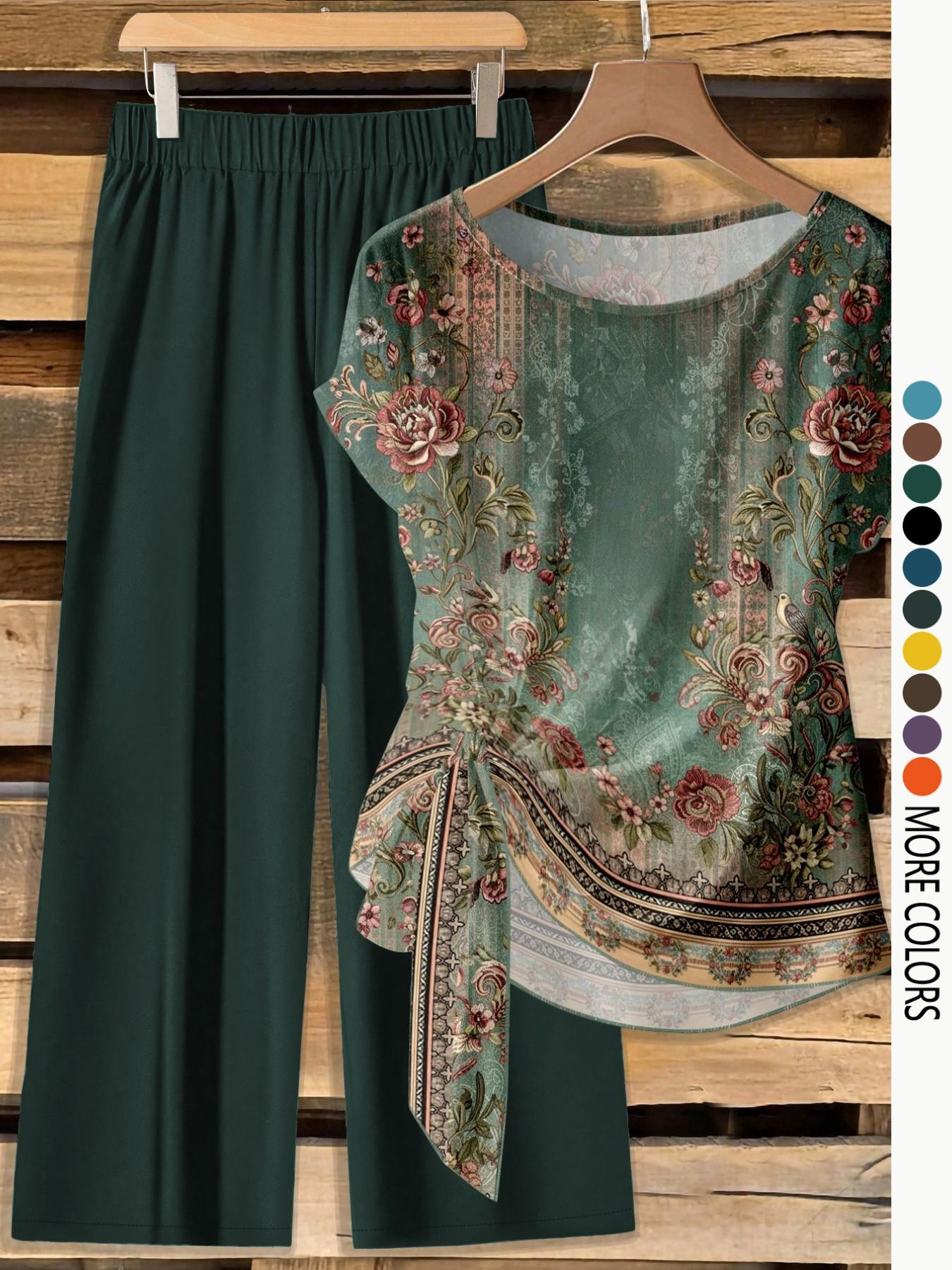 Women's Casual Printed Knot Shirt and Loose Straight Pants Set, Lightweight, Perfect for Spring and Summer, Comfortable Two-Piece Outfit Clothes