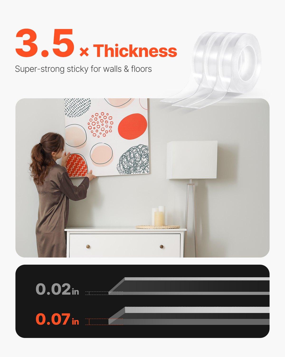 VEVOR Double Sided Tape Heavy Duty, 16 ft Nano Mounting Tape( 3 Pack), Strong Adhesive Reusable, Clear Two Sided Wall Tape, Removable Poster Picture Hanging Strips for Home Office Car Outdoor Use