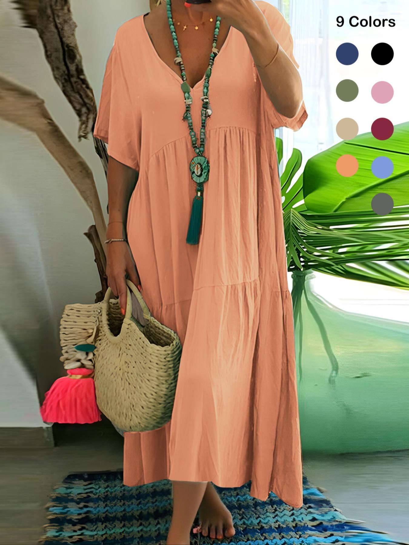 Plus Size Women's Summer Casual Loose V-Neck Plain Long Dress, Bohemian Boho Style, Short Sleeve, Tiered Layer, Spring & Fall Fashion