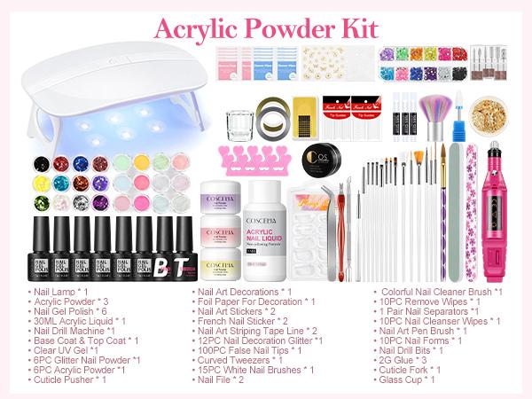 COSCELIA Acrylic Nail Kit for Beginners | Nude Acrylic Powder, UV Gel Polish & Glitter Decorations | Complete Gift for Women