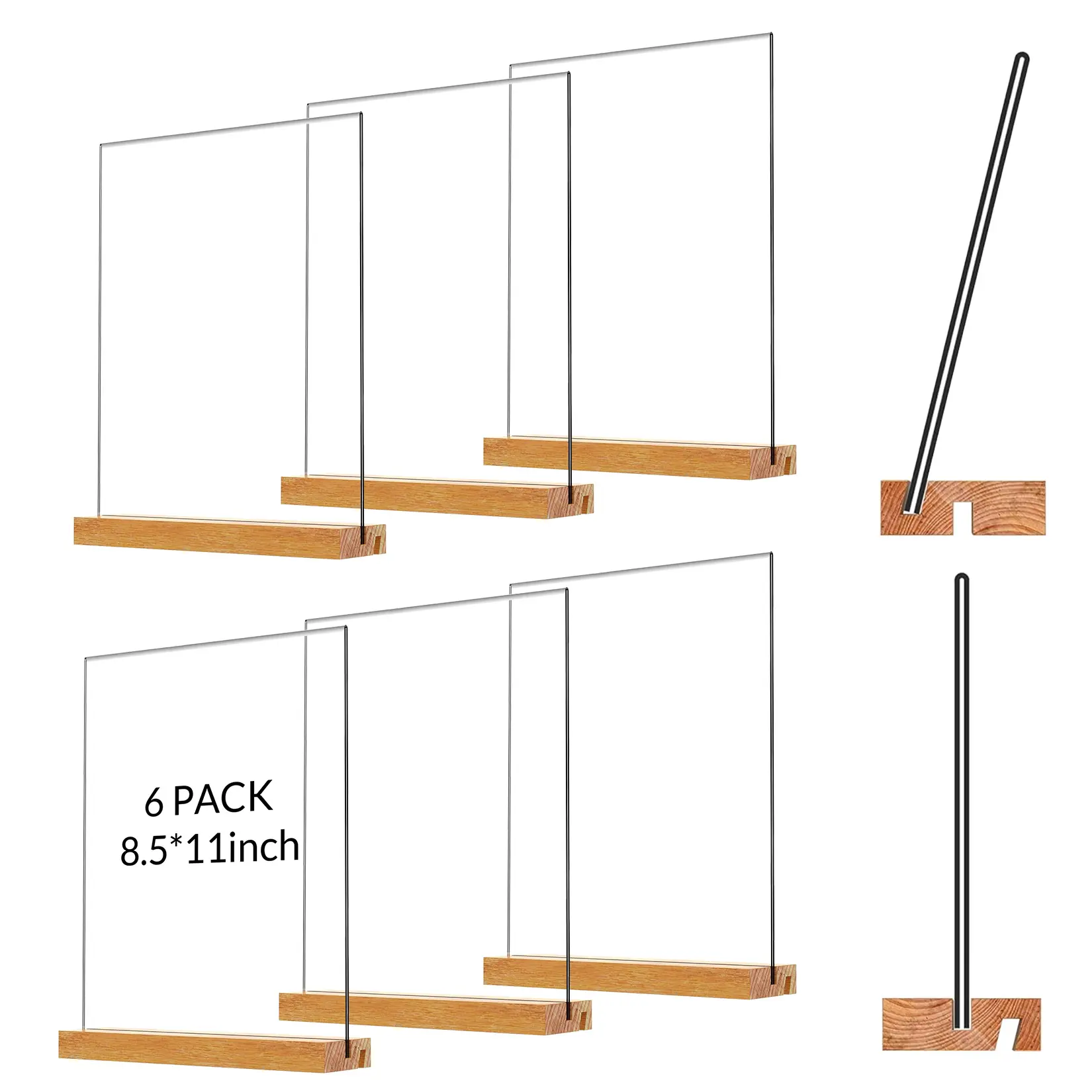 6-Pack 8.5x11" Acrylic Sign Holder with Wood Base – Double-Sided Tabletop Display for Menus, Flyers, Photos, Vertical & Slant Back