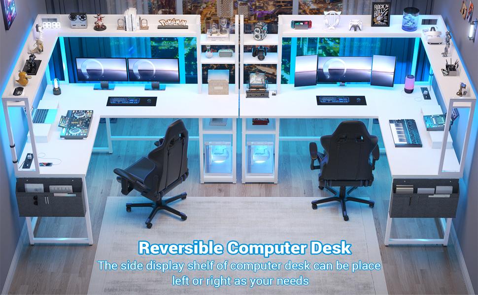 L Shaped Gaming Desk, Reversible Computer Desk with Power Outlet & LED Light