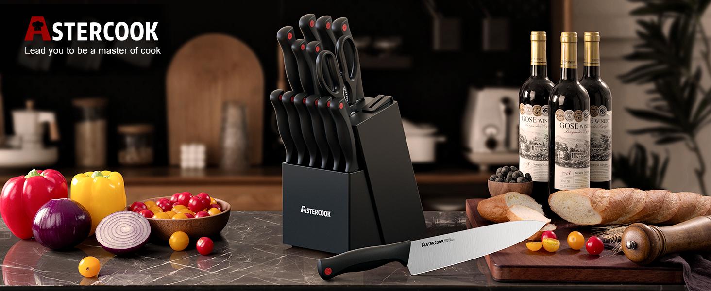 Astercook 14-Piece Knife Set, High Carbon German Stainless Steel, Built-in Sharpener, Sharp & Rust-Resistant, Dishwasher Safe, Black.
