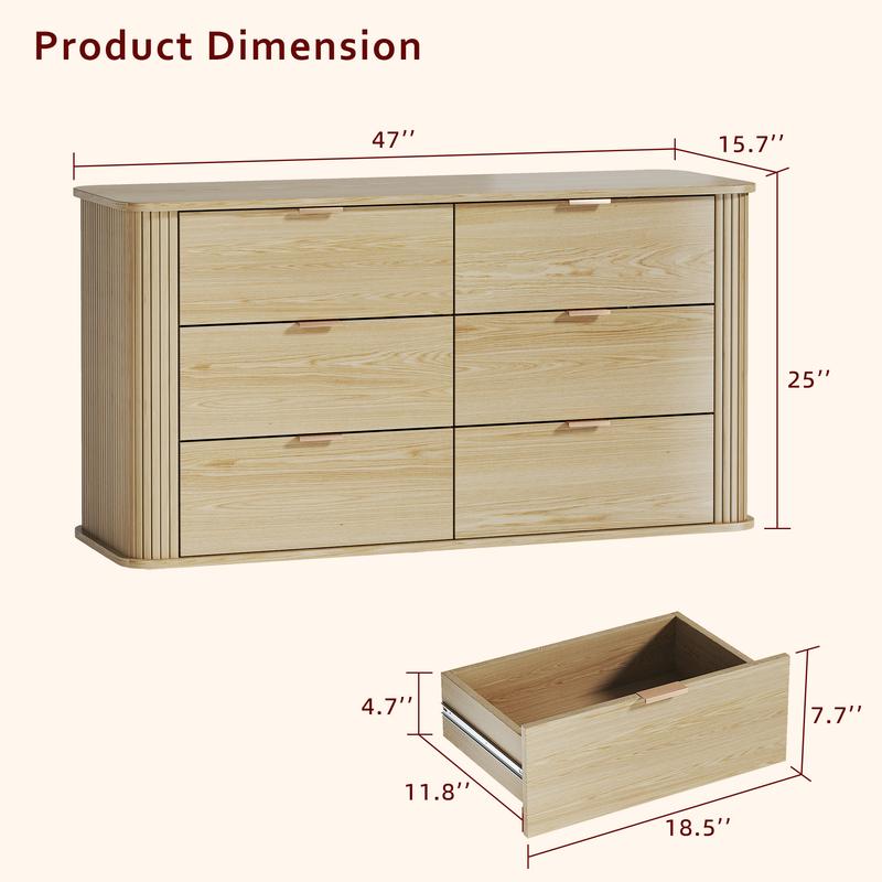 Fluted 6 Drawers Dresser for Bedroom, Mid Century Modern Closet Dresser & Chests of Drawers, Curved Profile Design, Dresser TV Stand, Wood Storage Dresser for Living Room, Entryway, Hallway, Oak