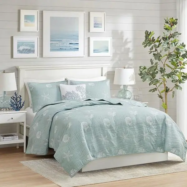 Nokaa 4-Piece Cotton Reversible Embroidered Quilt Set with Throw Pillow, Aqua, King Size, Lightweight Bedspread Coverlet for Bedroom, Guest Room, All-Season Bedding, Soft Breathable Cover