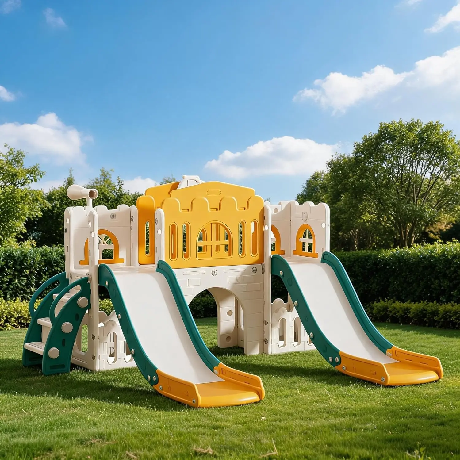 10-in-1 Kids Slide Set - Indoor/Outdoor Playground Playset with Extra-Long Slide, Climber, Basketball Hoop, Crawl Tunnel, Telescope, Storage, Sturdy HDPE Plastic
