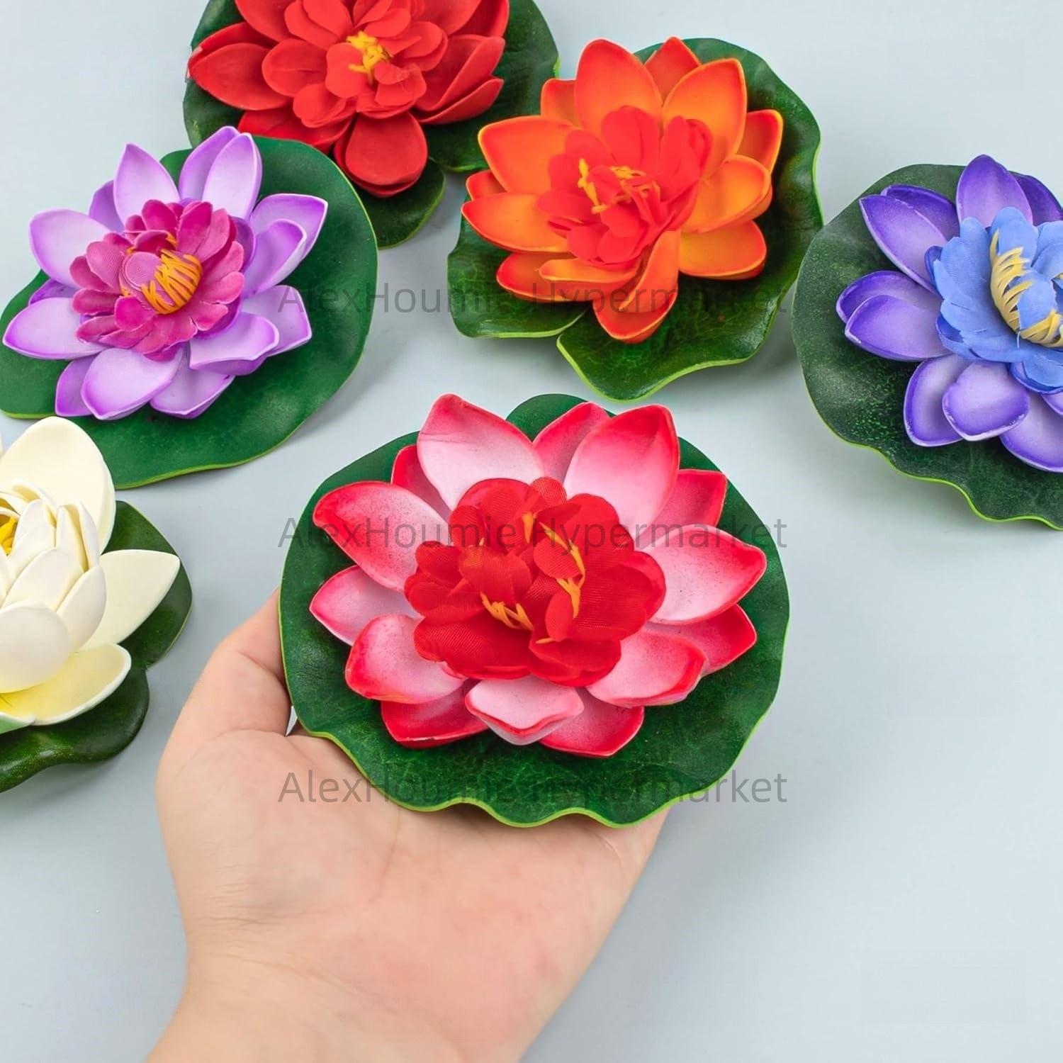 7 PCS Artificial Floating Foam Lotus Flower with Water Lily Pad Lifelike Ornament Perfect for Home Garden Pond Decor Decorations