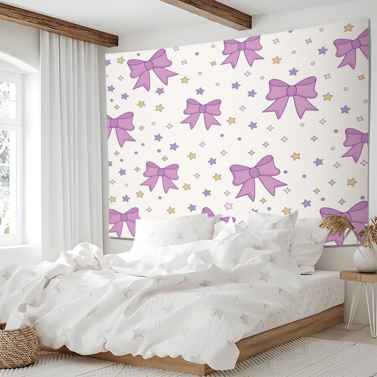 Purple Bow Tapestry, Cute Star Print Wall Hanging, Aesthetic Tapestries Wall Blanket, Coquette Room Decor Backdrop Decor, Soft Fabric Wall Art for Bedroom Living Room Dorm