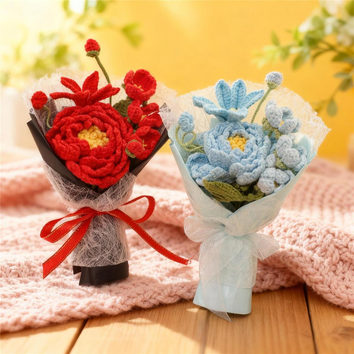 Handmade Knitted Flower Bouquet, Artificial Small Flowers, Mother's Day Valentine's Christmas Birthday Party Graduation Teacher Gift, Handmade Crochet Bouquet