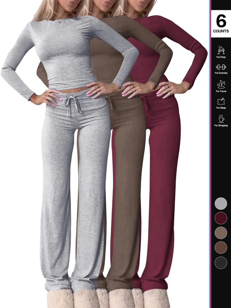 2026 Two Pieces Fall Women Clothes Y2K Sporty Casual Home Solid Color Fitted Long-Sleeved T-Shirt And Long Pants Set