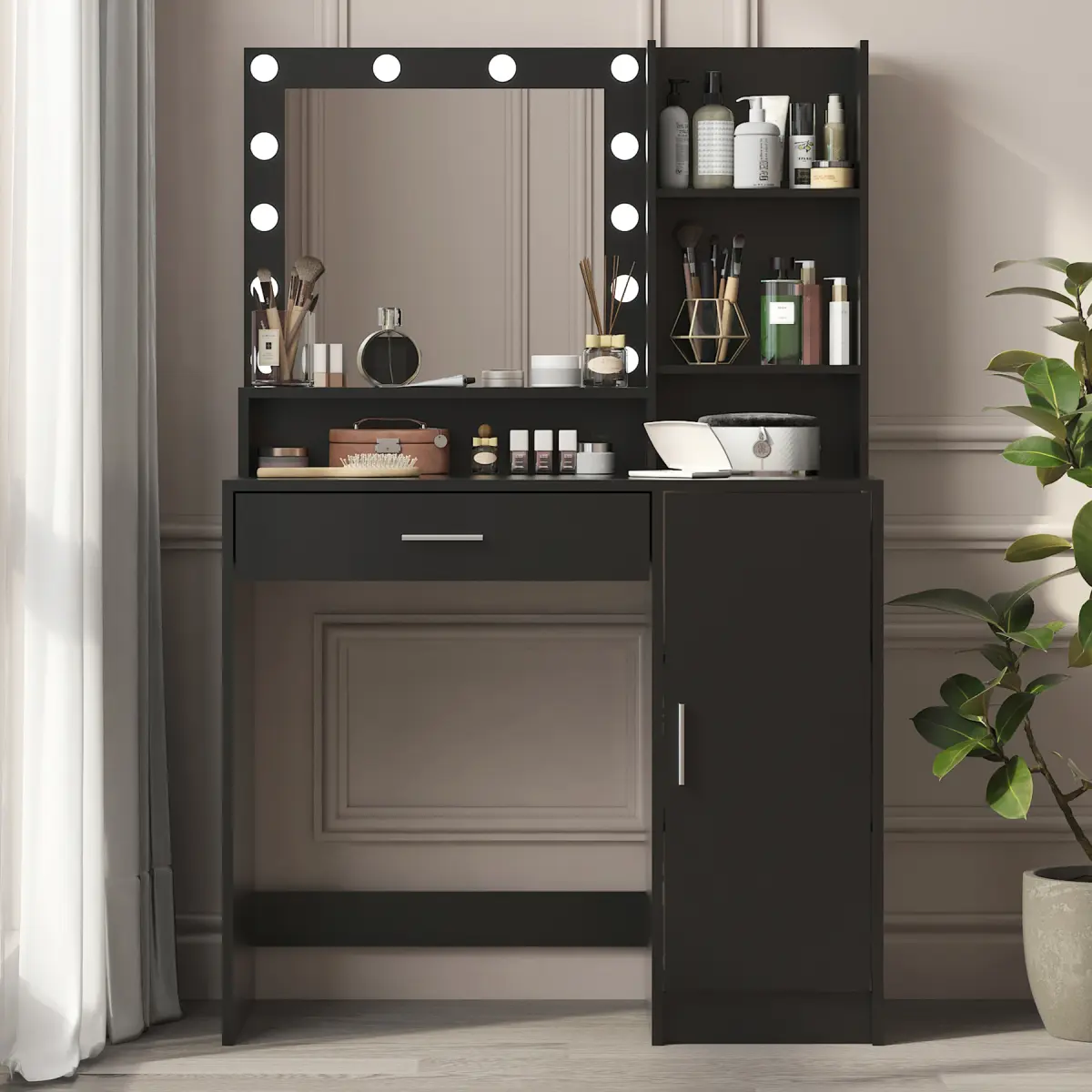 Modern Bedroom Makeup Vanity Desk with Lighted Mirror, 3 Lighting Modes with Adjustable Brightness, Large Drawers, 3-Tier Storage Dresser