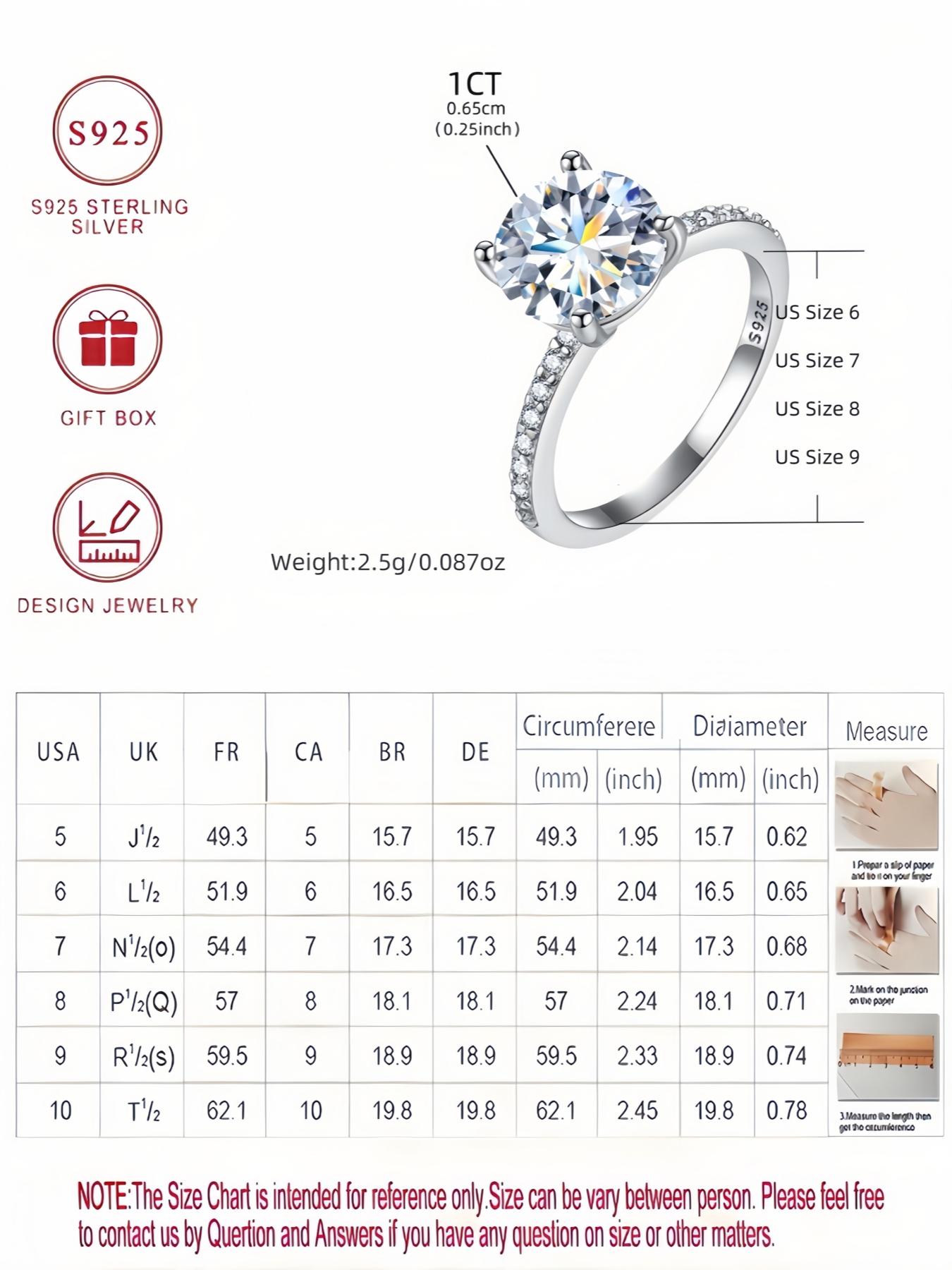 S925 Sterling Silver 1CT Synthetic Moissanite Ring, Luxury Engagement Ring for Women, Trendy All-match & Exquisite Jewelry for Birthday Gift with Box