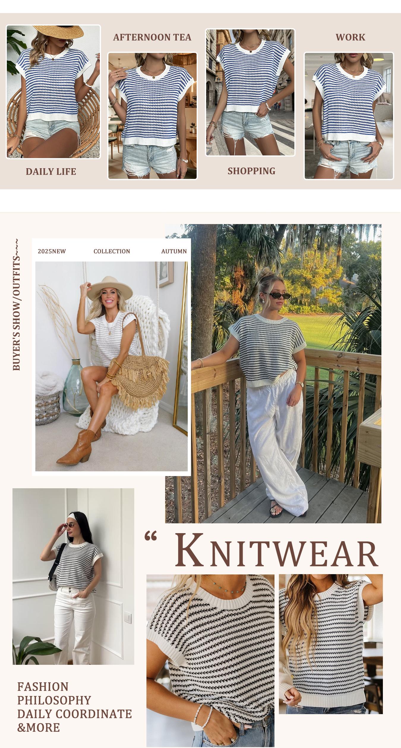 Women's Striped Knitted Vest Top, Round Neck Cap Sleeve Casual Loose Fit, Elegant Summer Fashion, Versatile Women's Knitwear